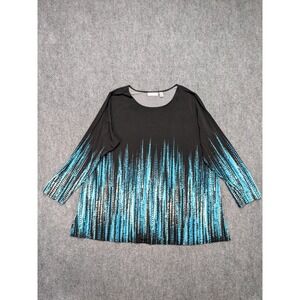 Susan Graver Liquid Knit Top‎ Women's 2X Black Blue Abstract Blouse Artsy Office